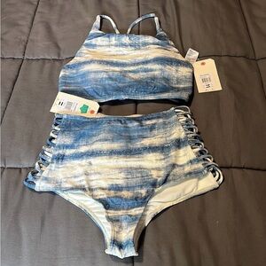 Billabong Blue and White High-Waist Strappy Bikini Set